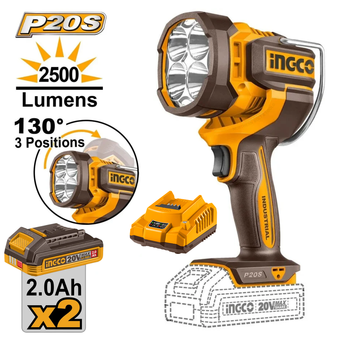 Ingco Cordless Work Lamp 20V 2500 Lumens Kit CWLI20887