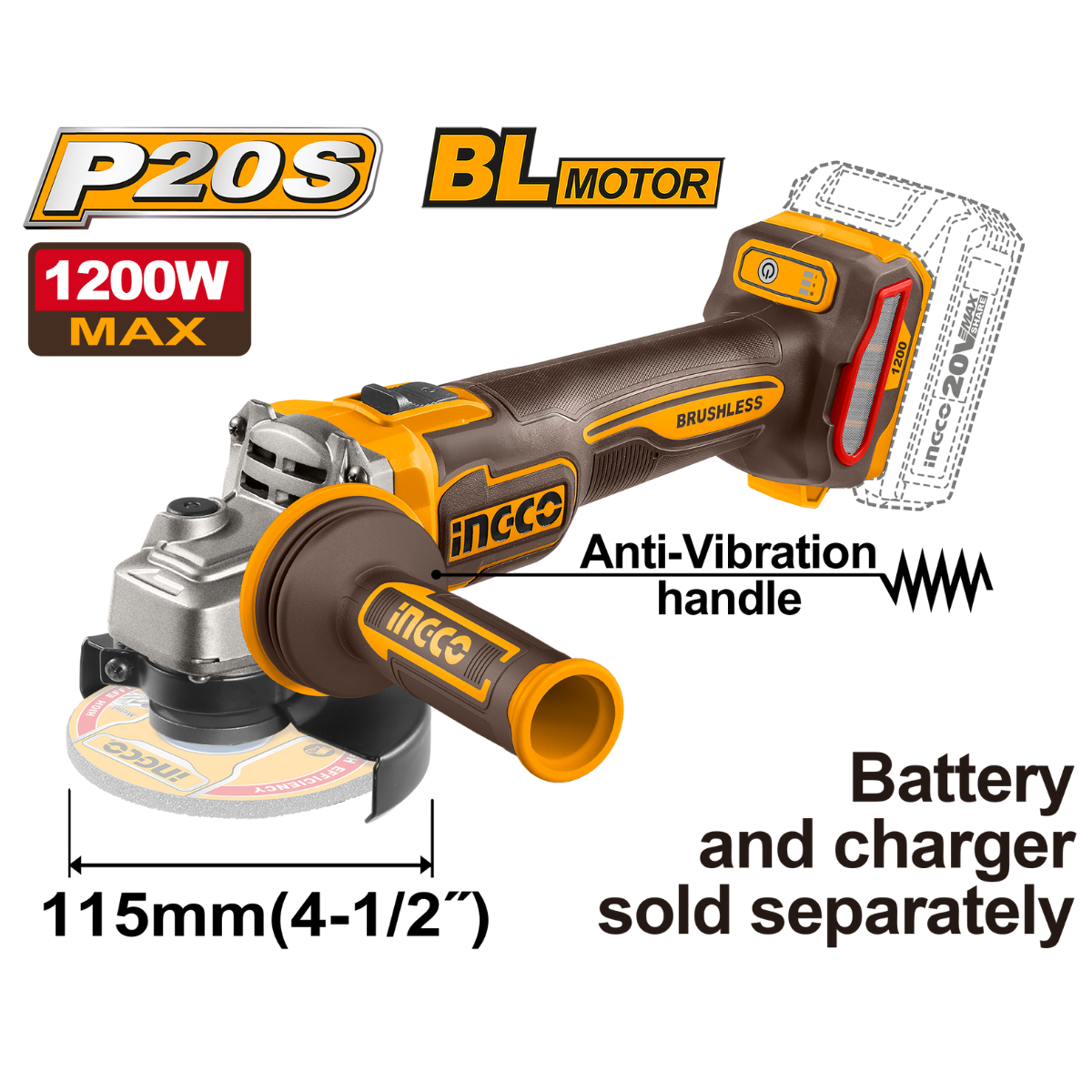 Ingco Cordless Angle Grinder 1200W (Tool only) with Anti-Vibration Handle CAGLI212025