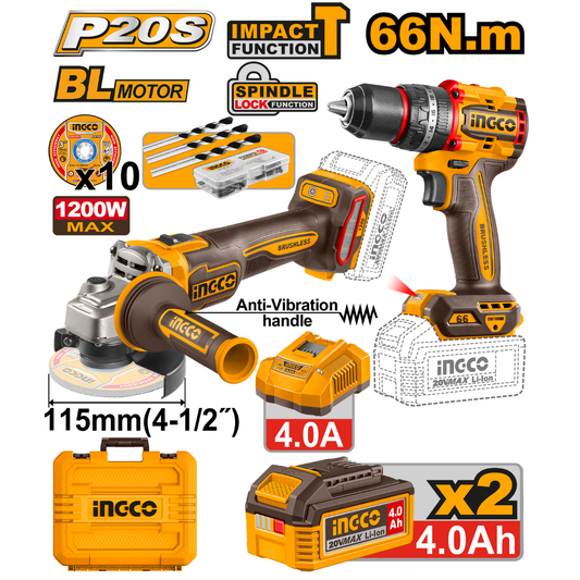 Ingco Cordless Angle Grinder 1200W & 66Nm Drill 20V Combo kit CKLI20256