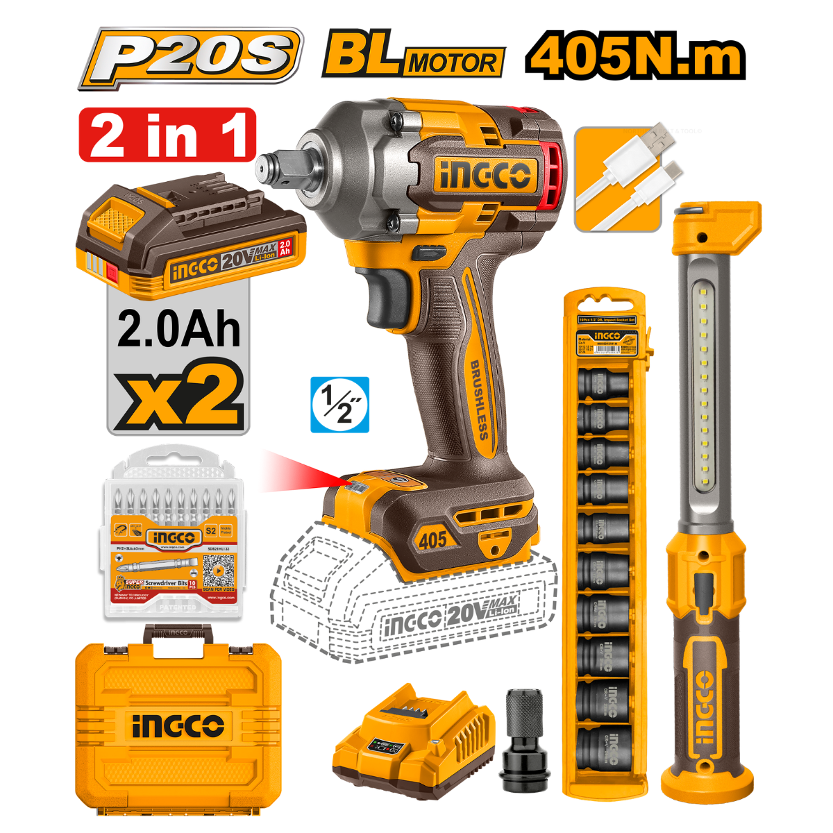 Ingco Cordless Impact Wrench 405Nm 20V Kit with Work Lamp COSLI23056