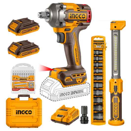 Ingco Cordless Impact Wrench 405Nm 20V Kit with Work Lamp COSLI23056
