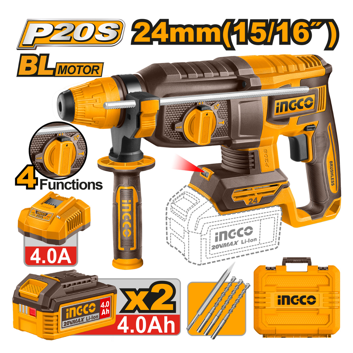 Ingco Cordless Rotary Hammer Drill 24mm 20V Kit CRHLI202482