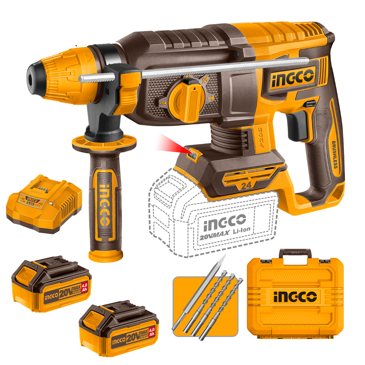 Ingco Cordless Rotary Hammer Drill 24mm 20V Kit CRHLI202482
