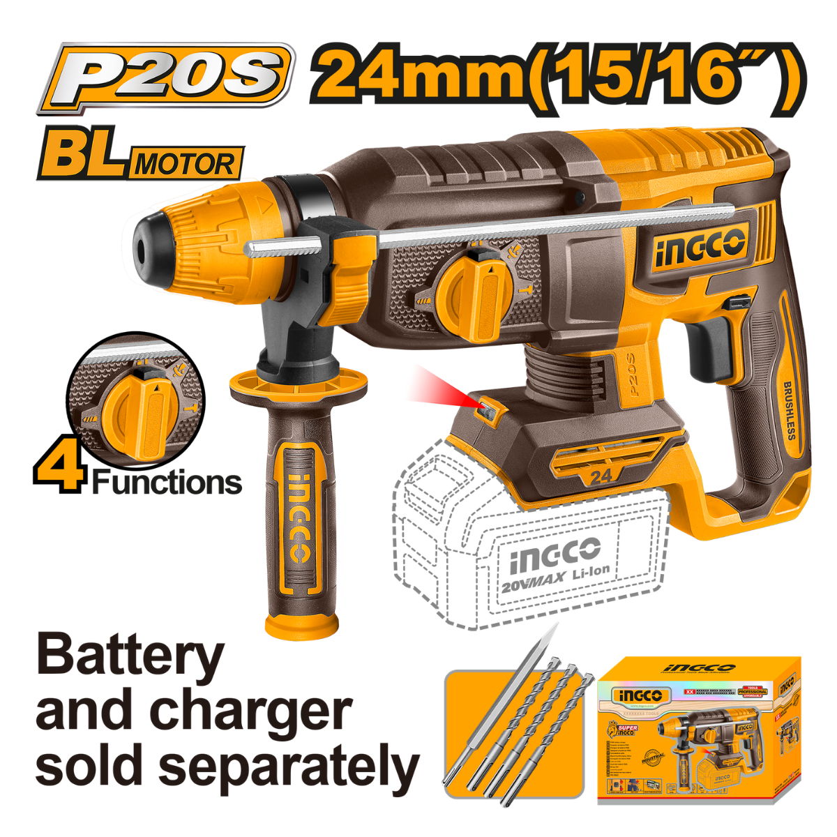 Ingco Cordless Rotary Hammer Drill 24mm 20V (Tool only) CRHLI20248