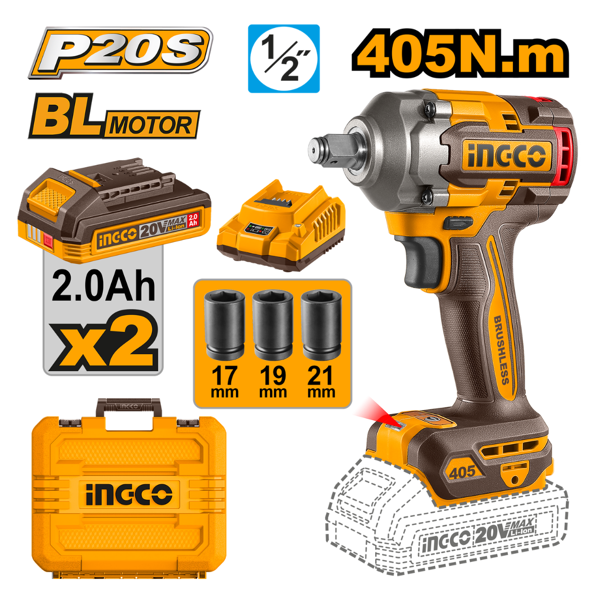 Ingco Cordless Impact Wrench 405Nm 20V Kit CIWLI2045