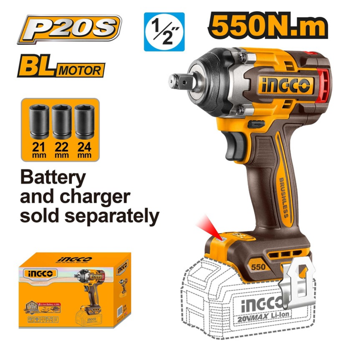 Ingco Cordless Impact Wrench 550Nm 20V (Tool only) CIWLI20551