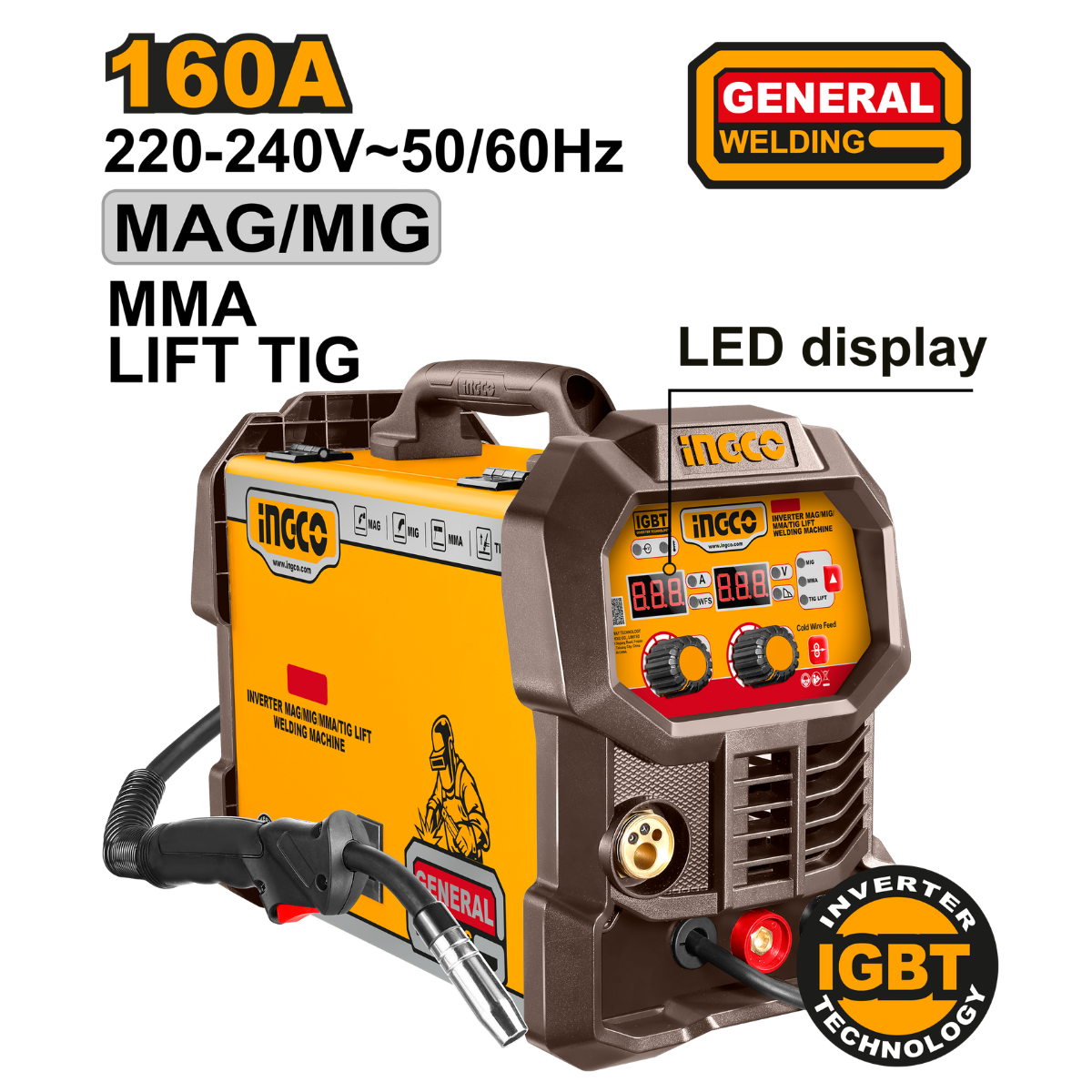 Ingco Inverter 160A MAG/MIG/MMA/TIG Lift Welding Machine