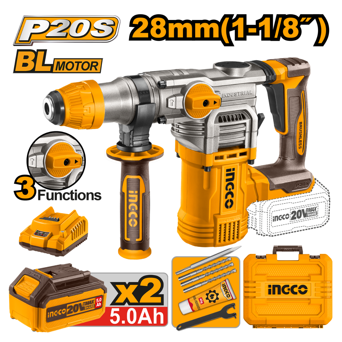Ingco Cordless Rotary Hammer Drill 4.5J 20V Kit