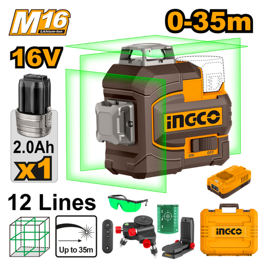Ingco Cordless Self Leveling Laser Green 3D 16V Kit