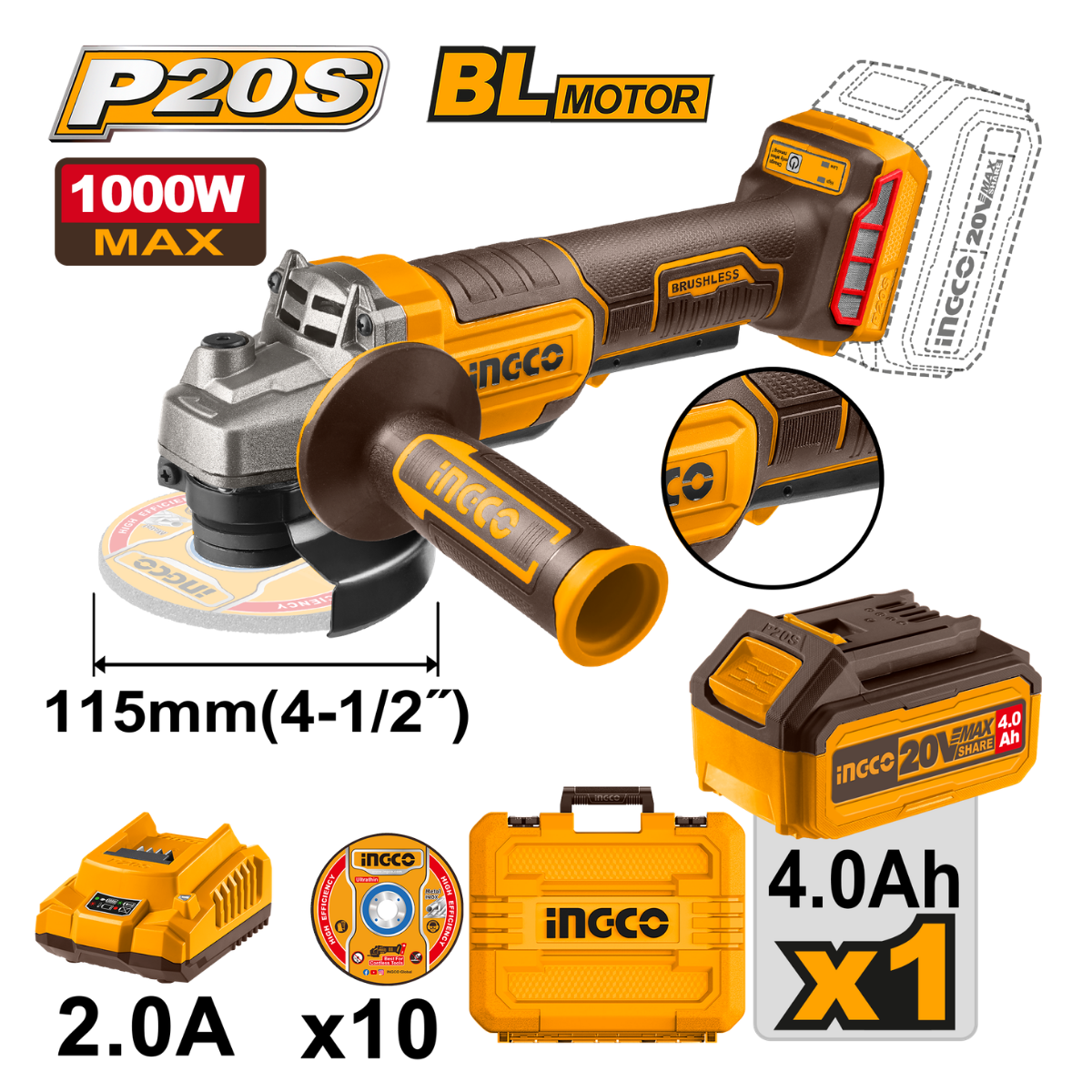 Ingco Cordless Angle Grinder 115mm (Safety trigger switch) 20V Kit