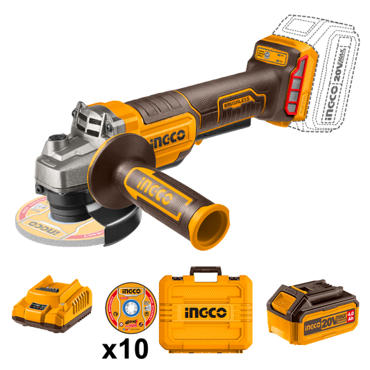 Ingco Cordless Angle Grinder 115mm (Safety trigger switch) 20V Kit
