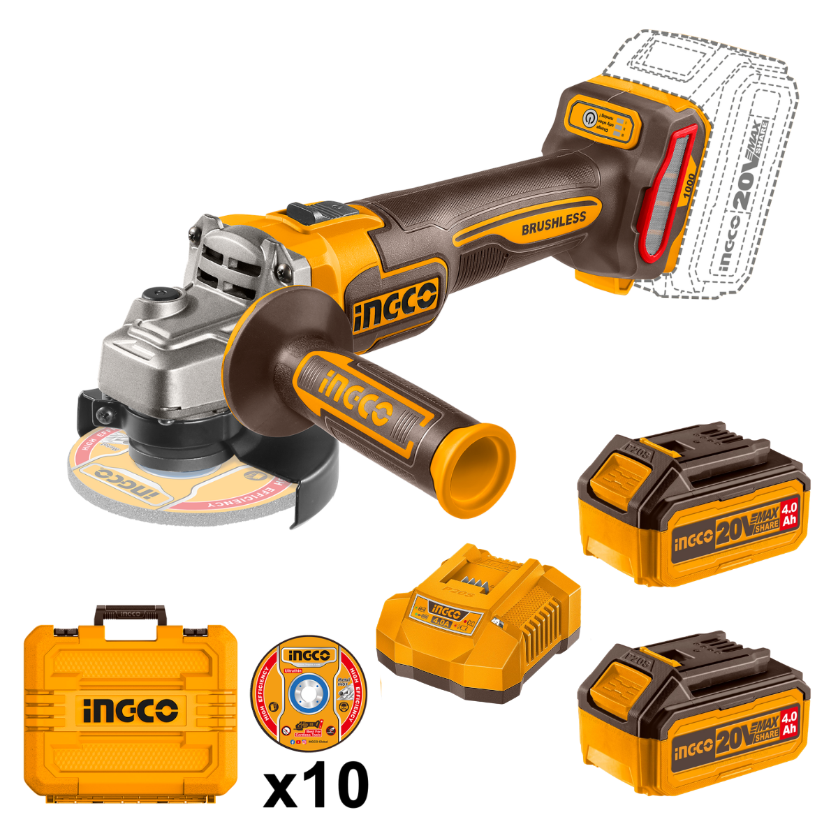 Ingco Cordless Angle Grinder 1000W 115mm 20V Kit