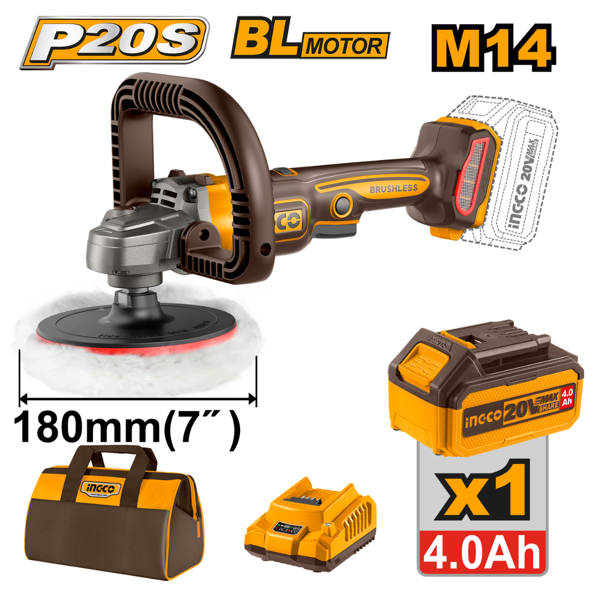 Ingco Cordless Polisher 180mm 20V Kit