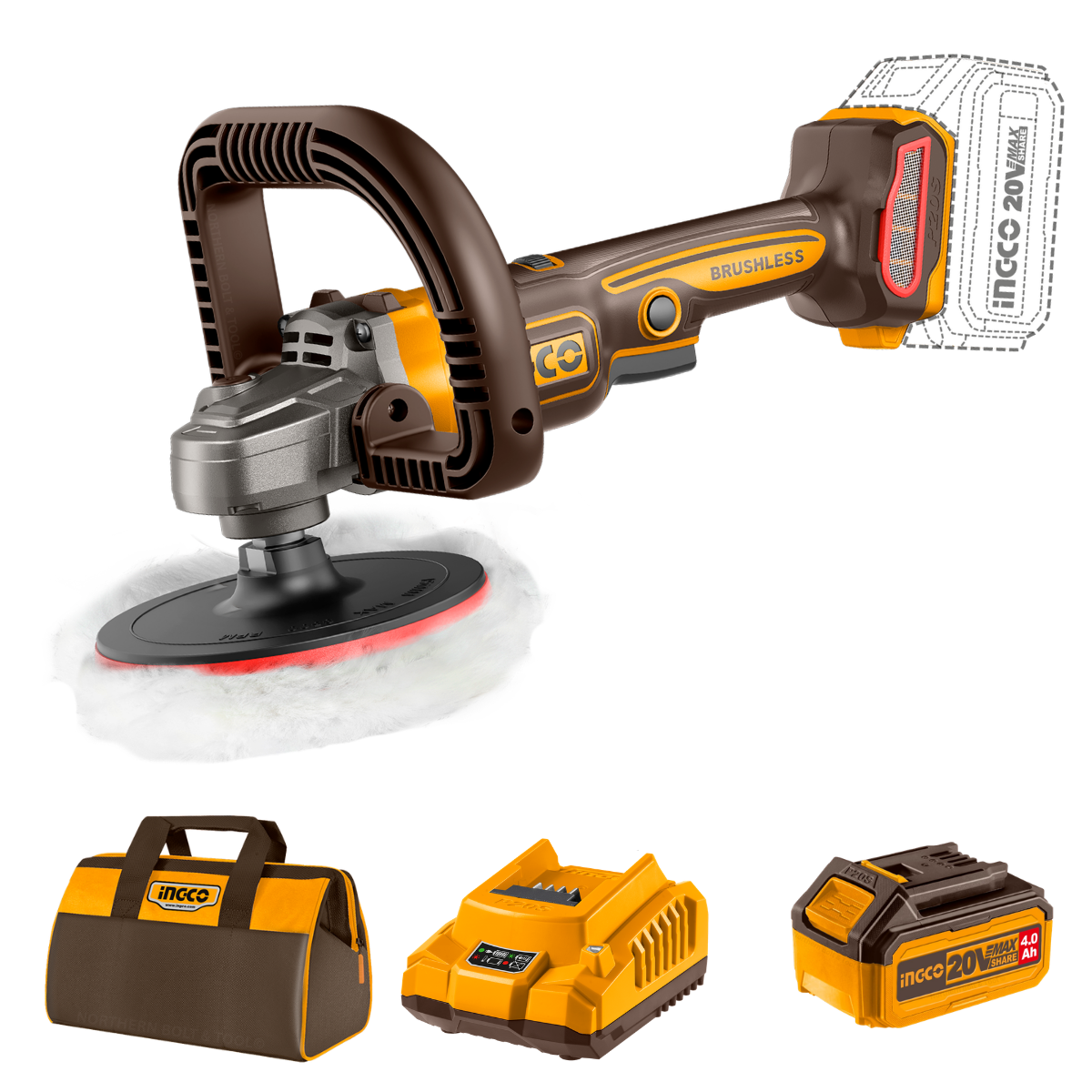 Ingco Cordless Polisher 180mm 20V Kit