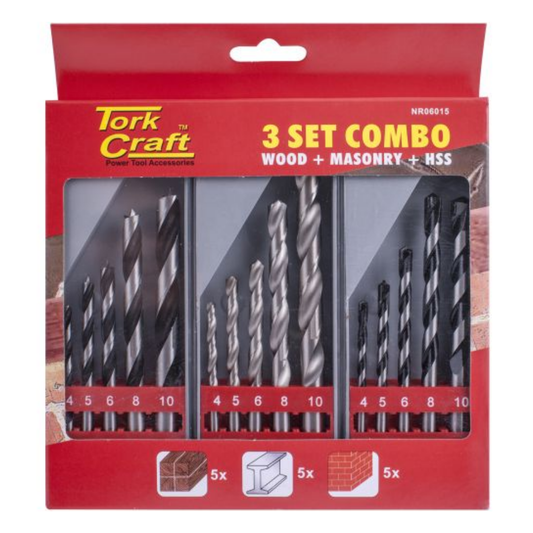 Special - Tork Craft Drill Bit 3 Set Combo - Wood + Masonry + Hss
