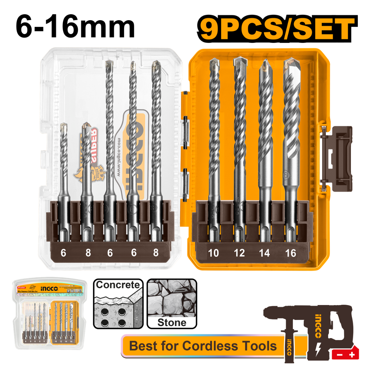 Ingco Drill Bit Set SDS 9Pcs 6-16MM