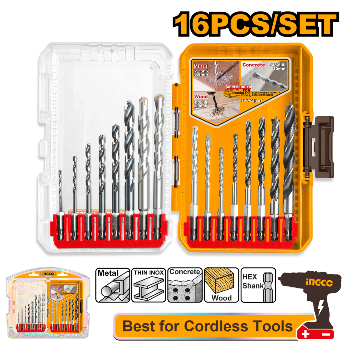 Ingco Drill Bits Set 16Pcs for Metal, Masonry and Wood