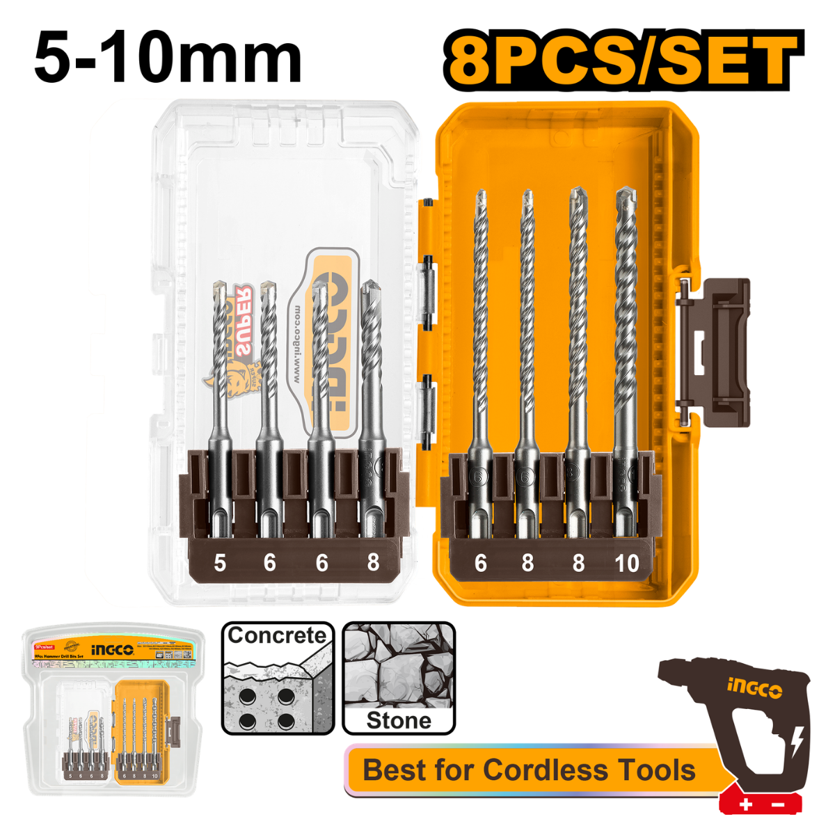 Ingco Drill Bit Set SDS 8Pcs 5-10mm