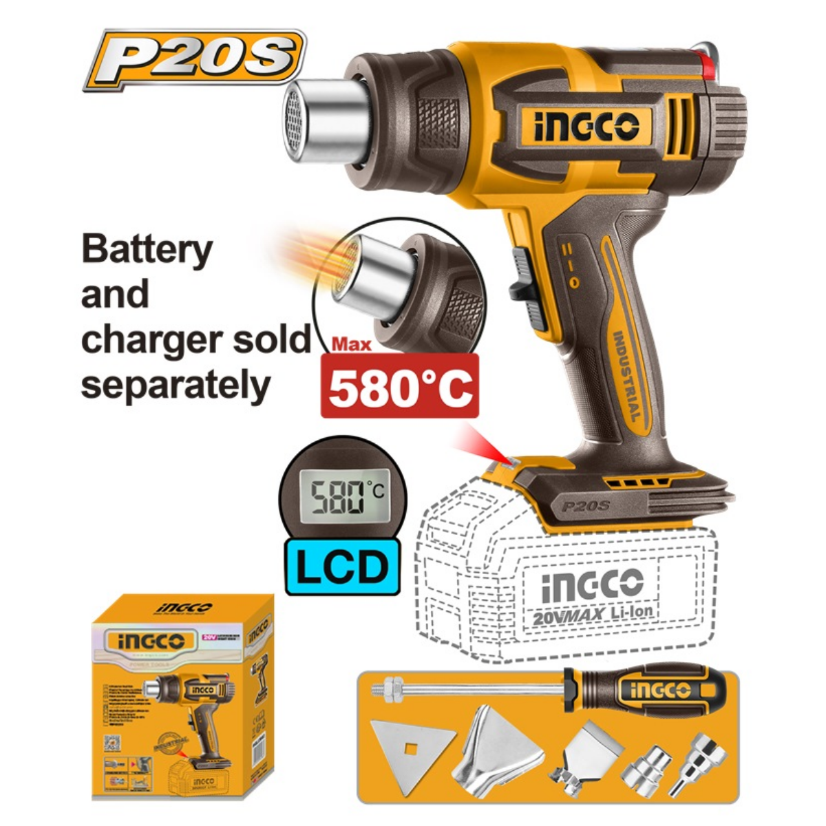 Ingco Cordless Heat Gun 300/580°C 20V (Tool only) - LCD Display