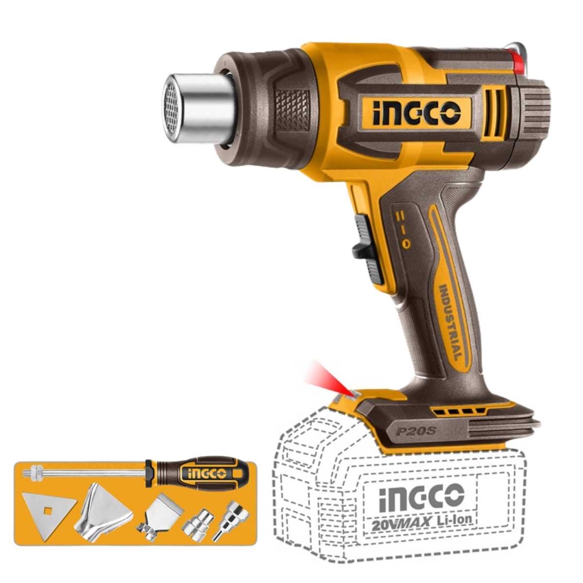 Ingco Cordless Heat Gun 300/580°C 20V (Tool only) - LCD Display