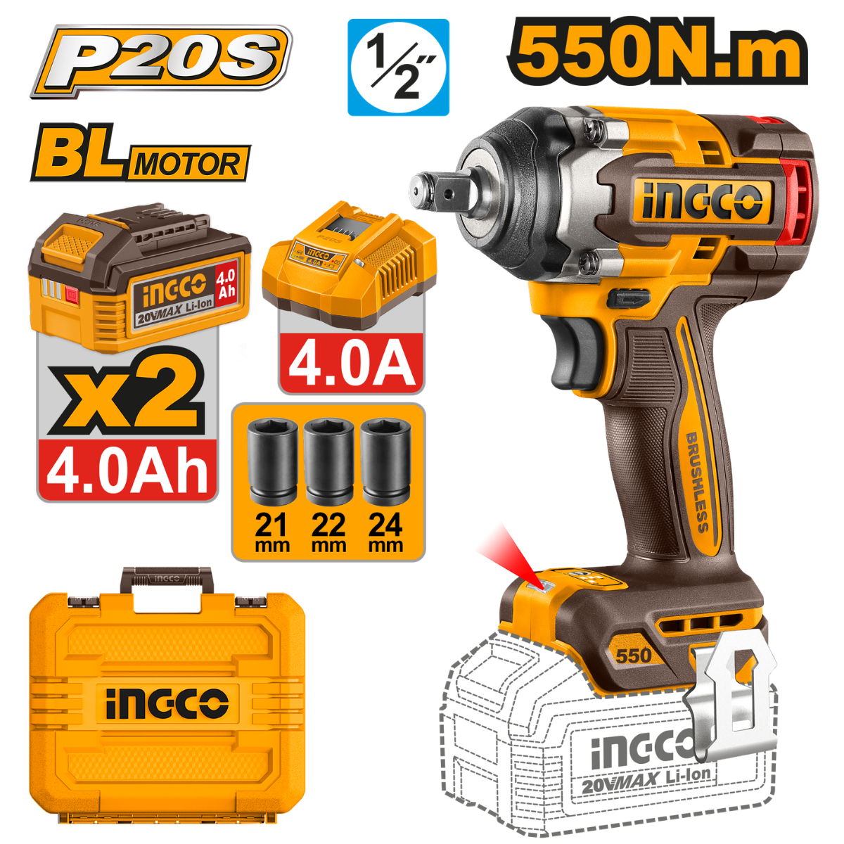 Ingco Cordless Impact Wrench 550Nm 20V Kit CIWLI2055