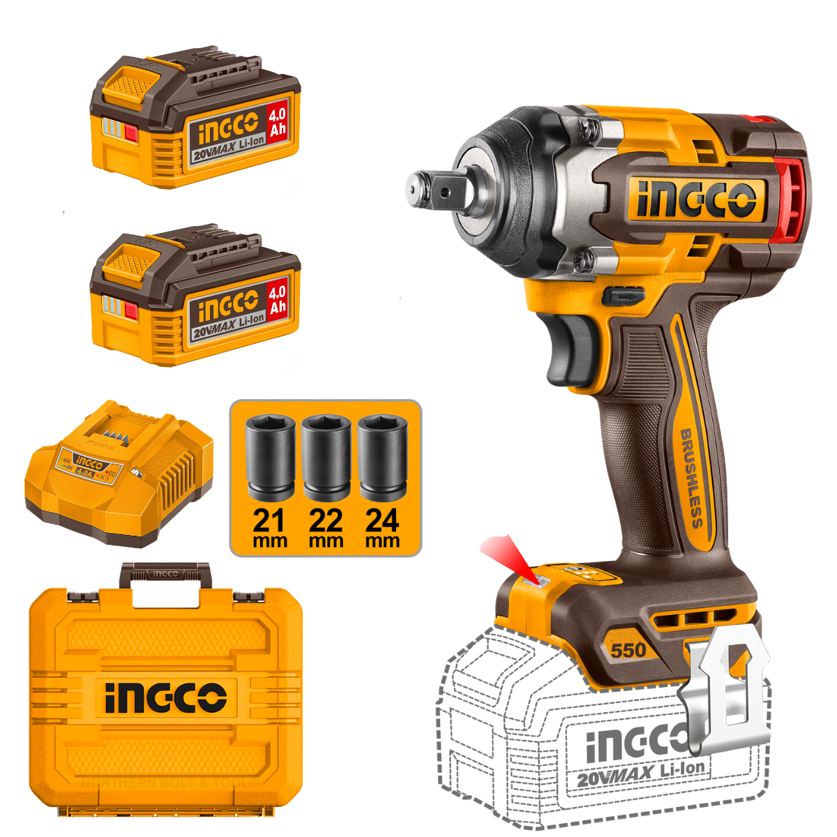 Ingco Cordless Impact Wrench 550Nm 20V Kit CIWLI2055