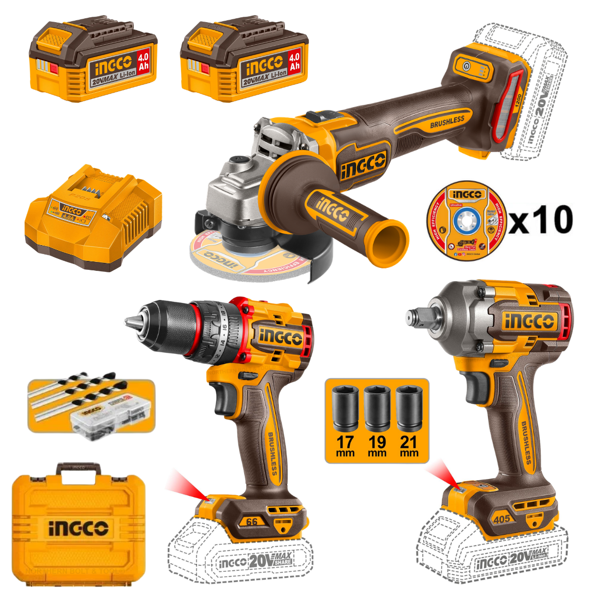Ingco 3 Piece Cordless 20V Kit with Impact Drill / Impact Wrench / Angle Grinder