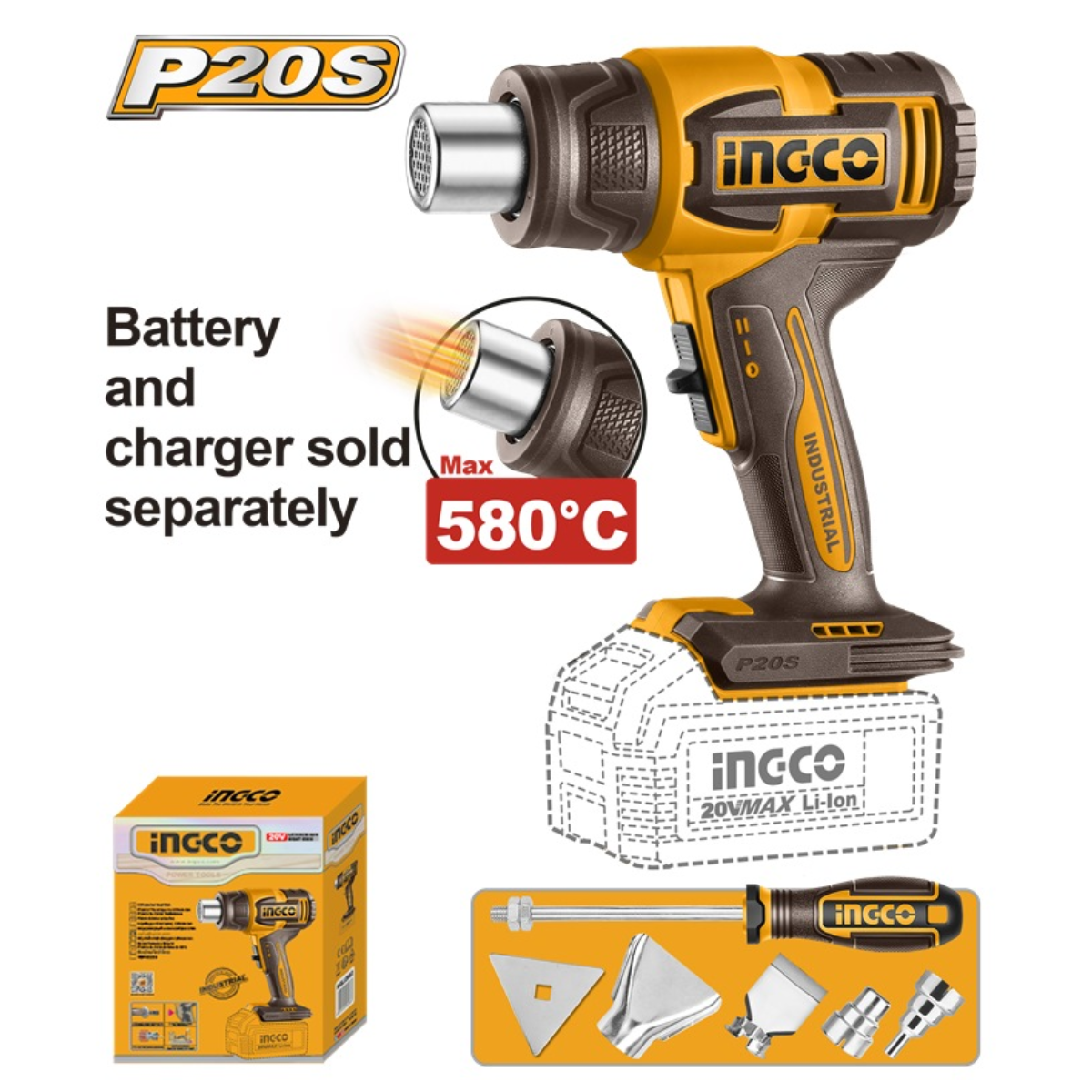 Ingco Cordless Heat Gun 300/580°C 20V (Tool only) HGLI2008