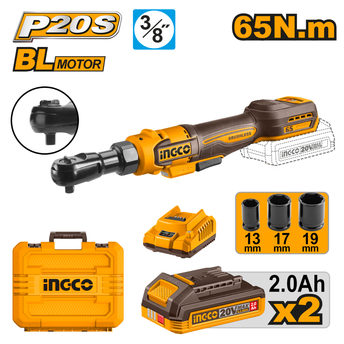 Ingco Cordless Ratchet 65Nm Brushless 20V Kit CDRLI20652