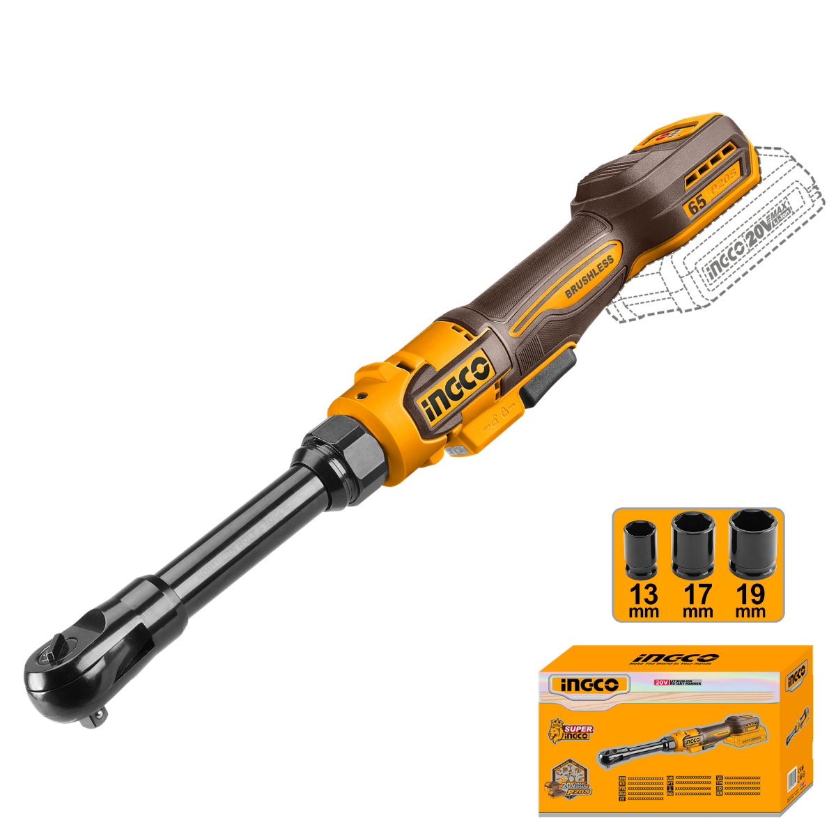 Ingco Cordless Ratchet 65Nm Brushless 20V Extended Neck (Tool only) CDRLI206529