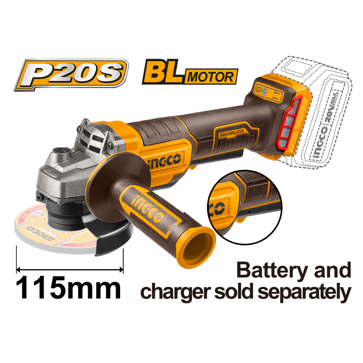 Ingco Cordless Angle Grinder Brushless 20V 115Mm - Safety Trigger (Tool only) CAGLI211156