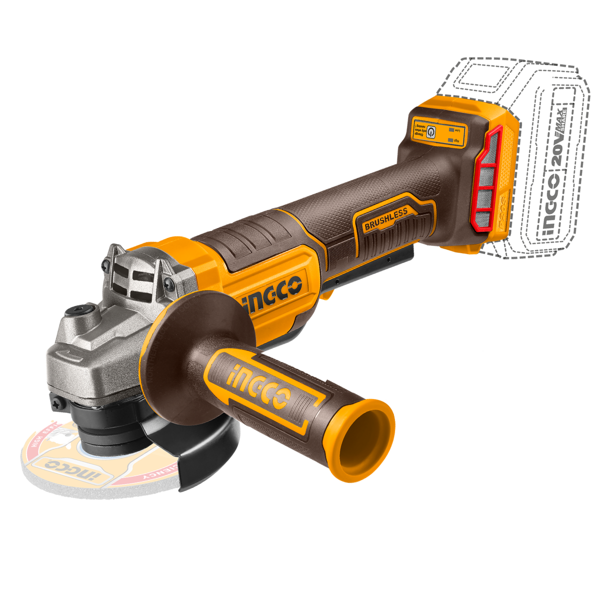 Ingco Cordless Angle Grinder Brushless 20V 115Mm - Safety Trigger (Tool only) CAGLI211156