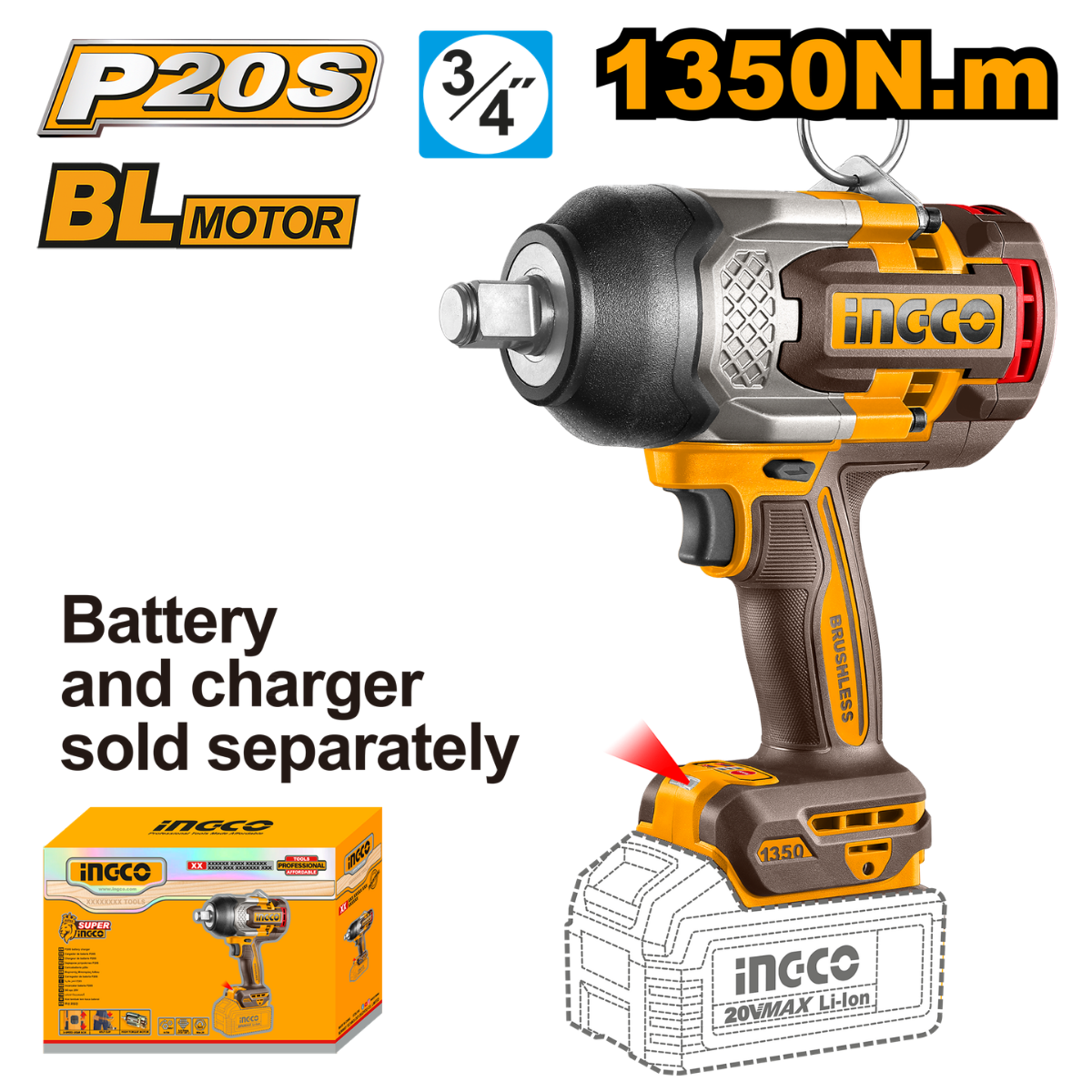 Ingco Cordless Impact Wrench 3/4" Drive 1,350Nm 20V (Tool Only) CIWLI201355
