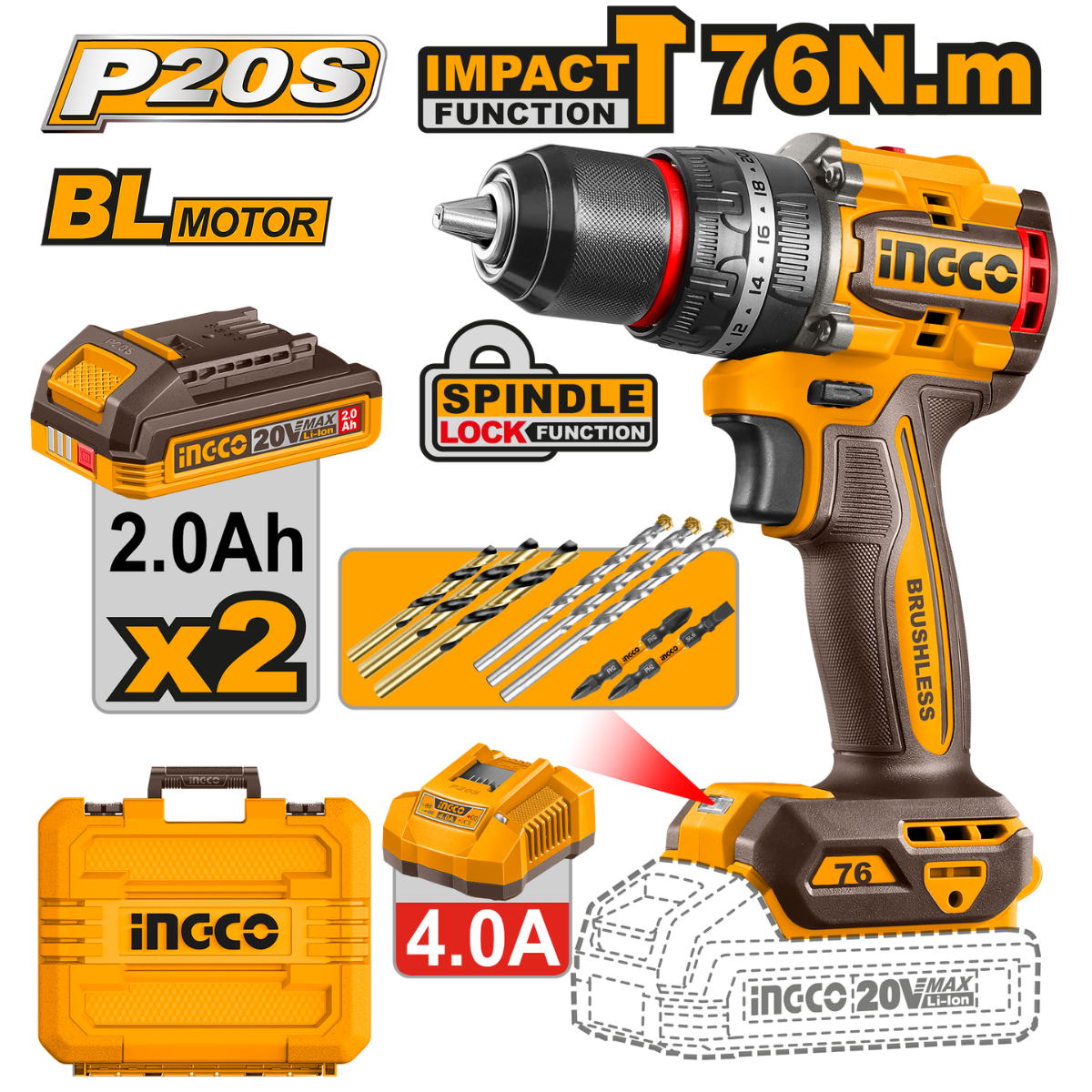 Ingco Cordless Impact Drill 76Nm 20V Kit CIDLI207686