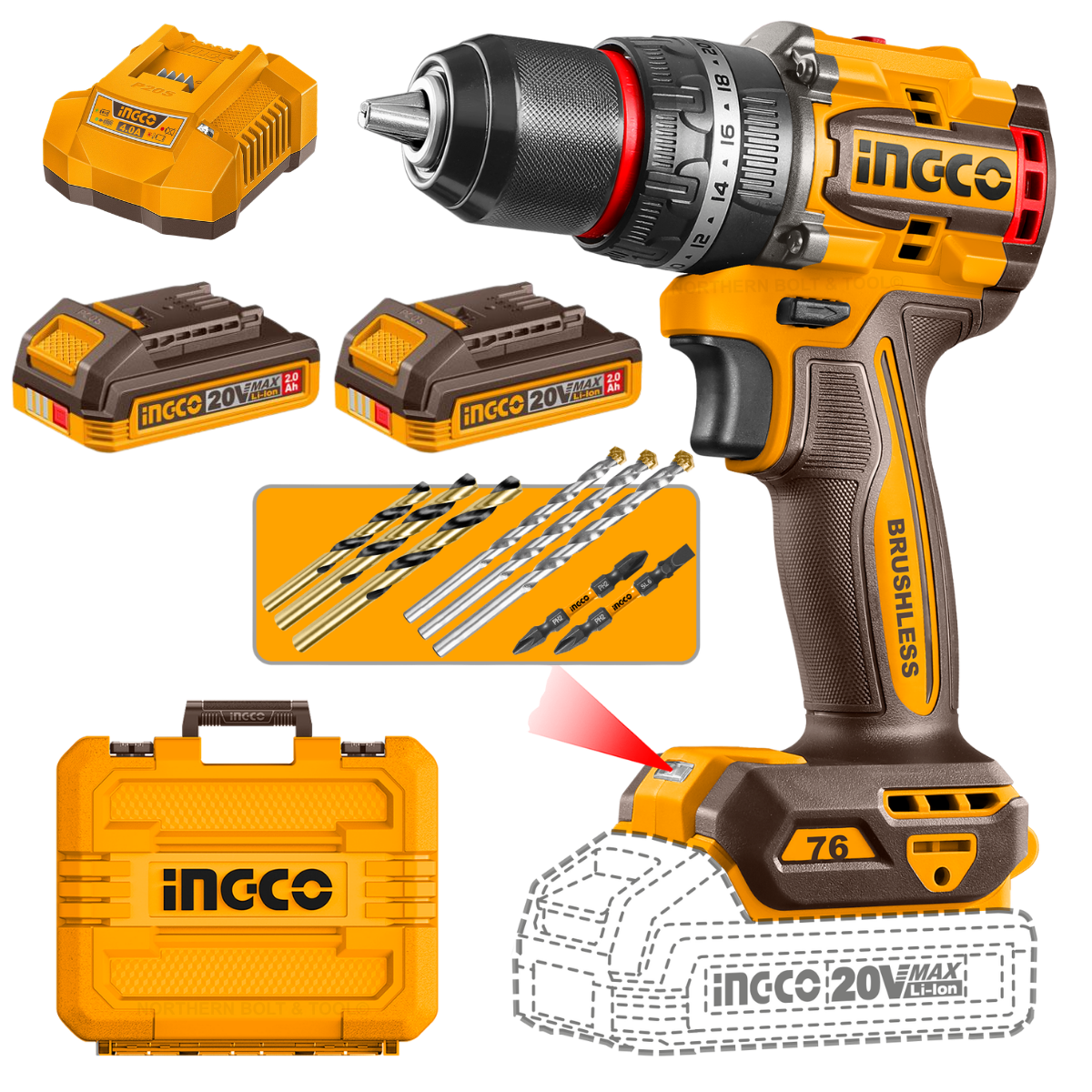Ingco Cordless Impact Drill 76Nm 20V Kit CIDLI207686