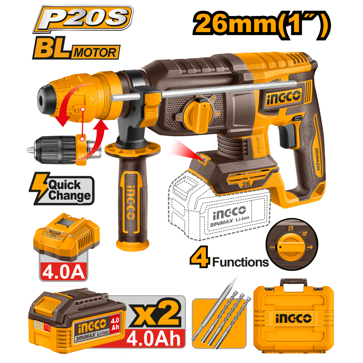 Ingco Cordless Rotary Hammer Drill 2.5J 20V Kit with Quick Change Chuck CRHLI202689