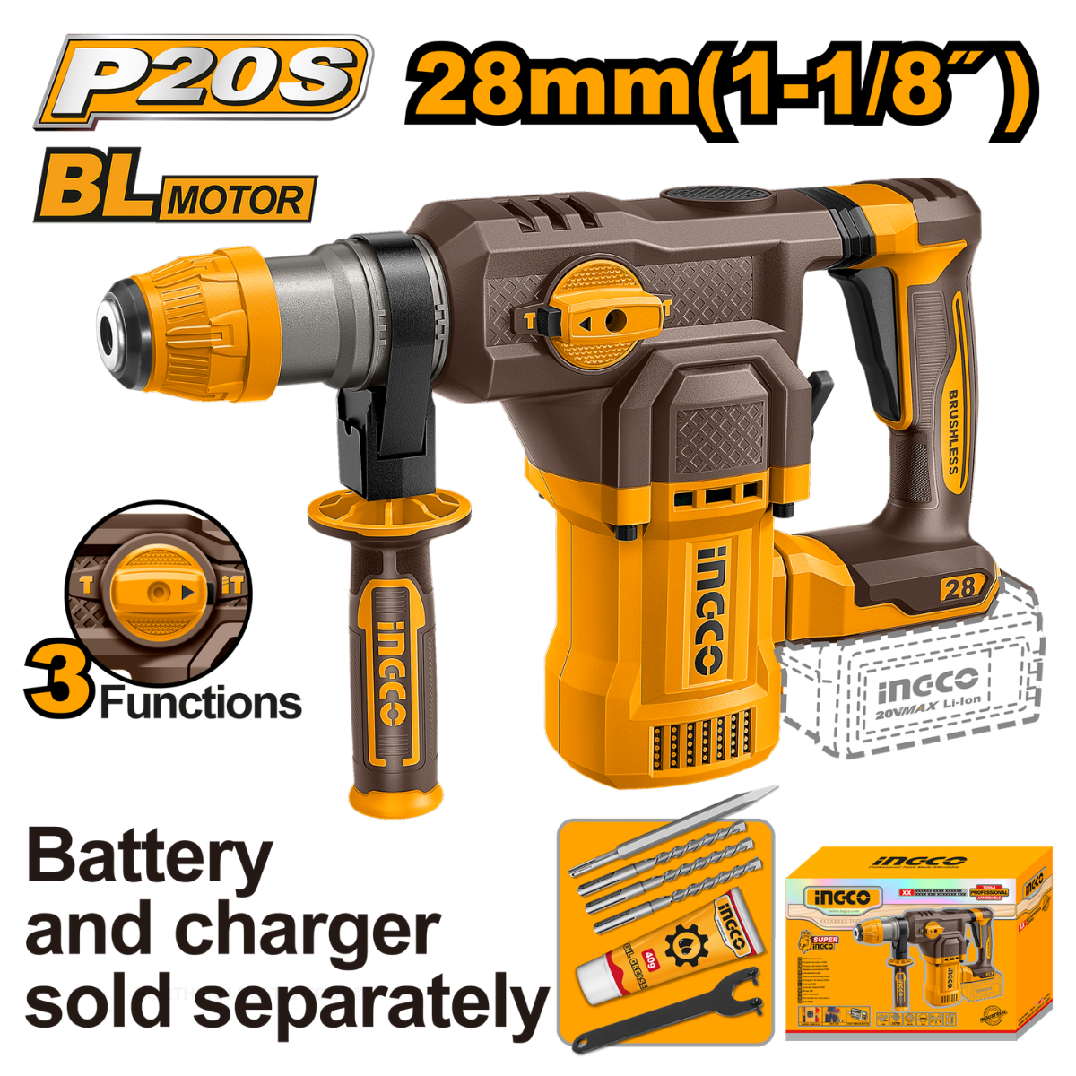 Ingco Cordless Rotary Hammer Drill 4.5J 20V (Tool only) CRHLI20286