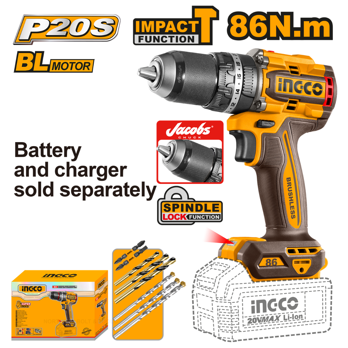 Ingco Cordless Impact Drill 86Nm 20V (Tool only) CIDLI208683