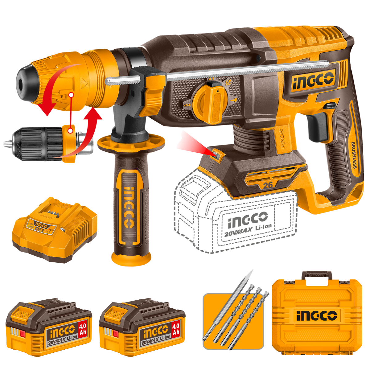 Ingco Cordless Rotary Hammer Drill 2.5J 20V Kit with Quick Change Chuck CRHLI202689