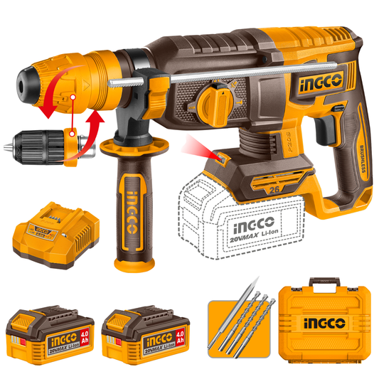 Ingco Cordless Rotary Hammer Drill 2.5J 20V Kit with Quick Change Chuck CRHLI202689