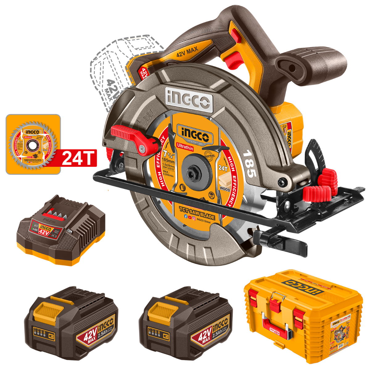 Ingco Cordless Circular Saw 185mm 42V P42M Kit with 2x Batteries CSLI4218512