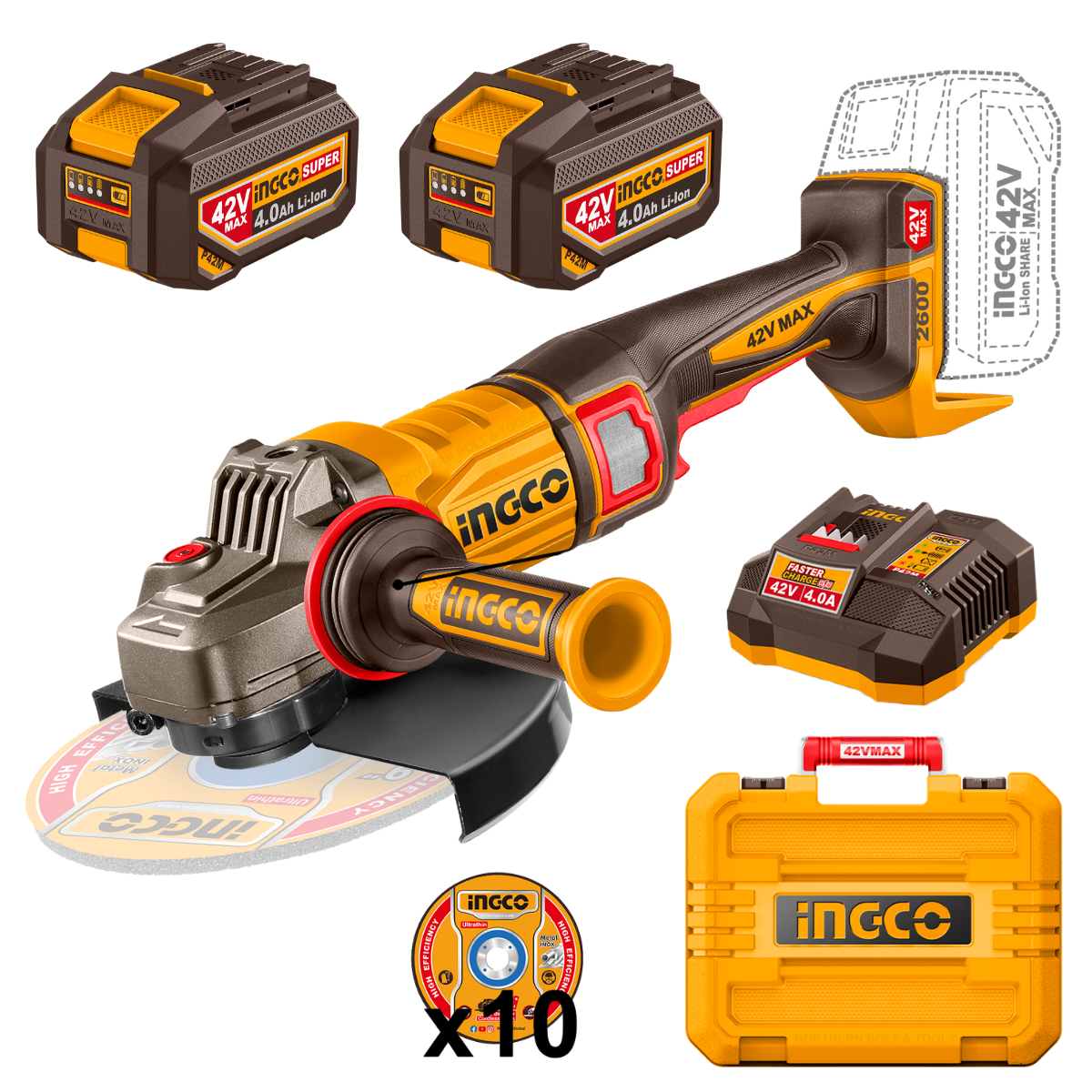 Ingco Cordless Angle Grinder 230mm 2600W 42V Kit