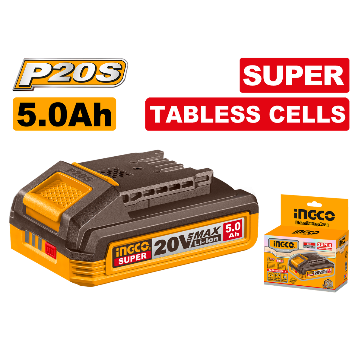 Ingco 5Ah Tabless Battery 20V P20S - Fits All Ingco 20V Cordless Tools FBLI2125
