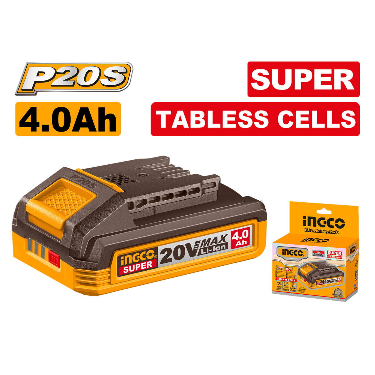 Ingco 4Ah Tabless Battery 20V P20S - Fits All Ingco 20V Cordless Tools FBLI2123