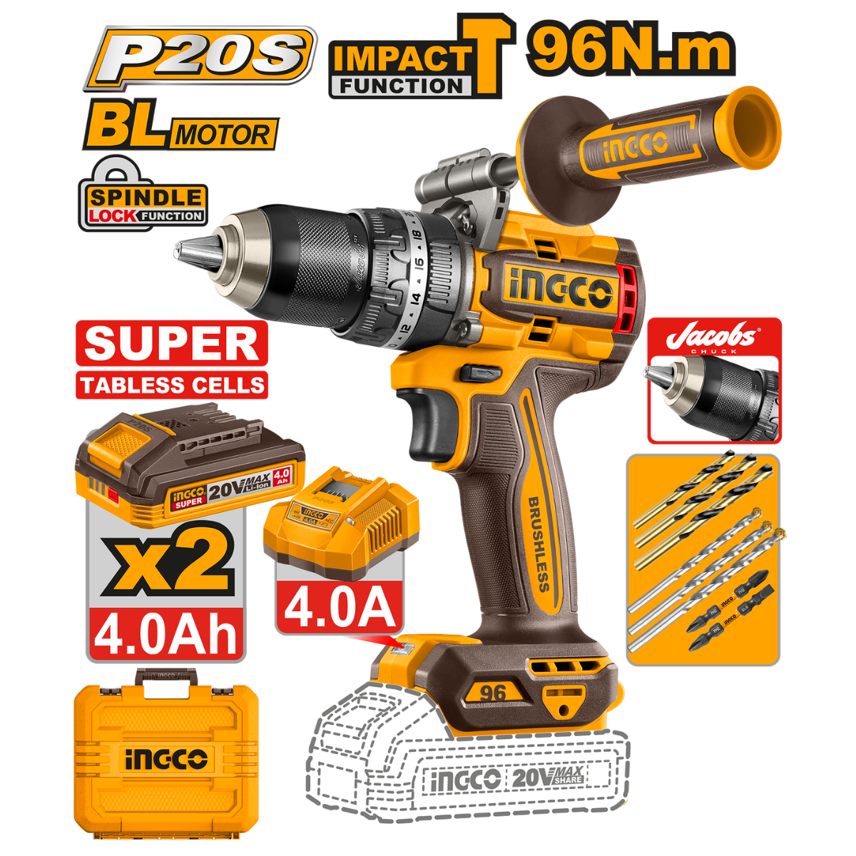 Ingco Cordless Impact Drill 96Nm Kit With New 4Ah Tabless Batteries P20S CIDLI209689