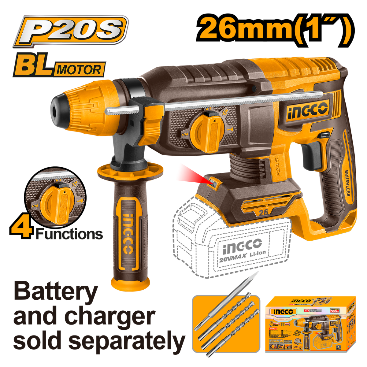 Ingco Cordless Rotary Hammer Drill 26mm 20V (Tool Only) CRHLI26208