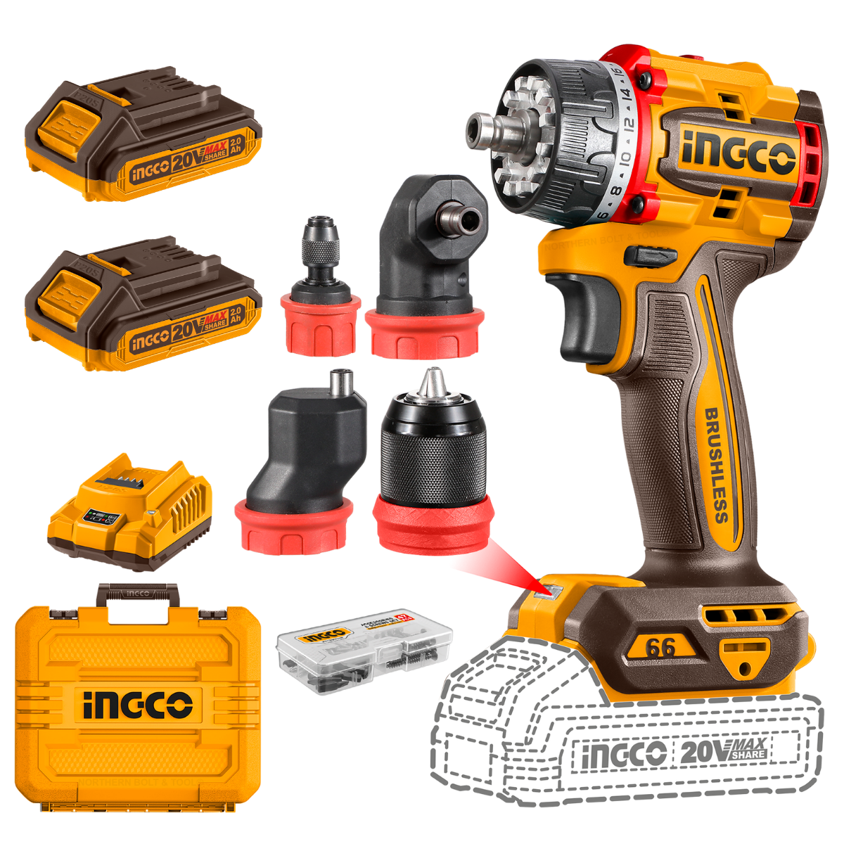 Ingco Cordless Multi-Head Drill Driver 66Nm 20V Kit CDLI206686