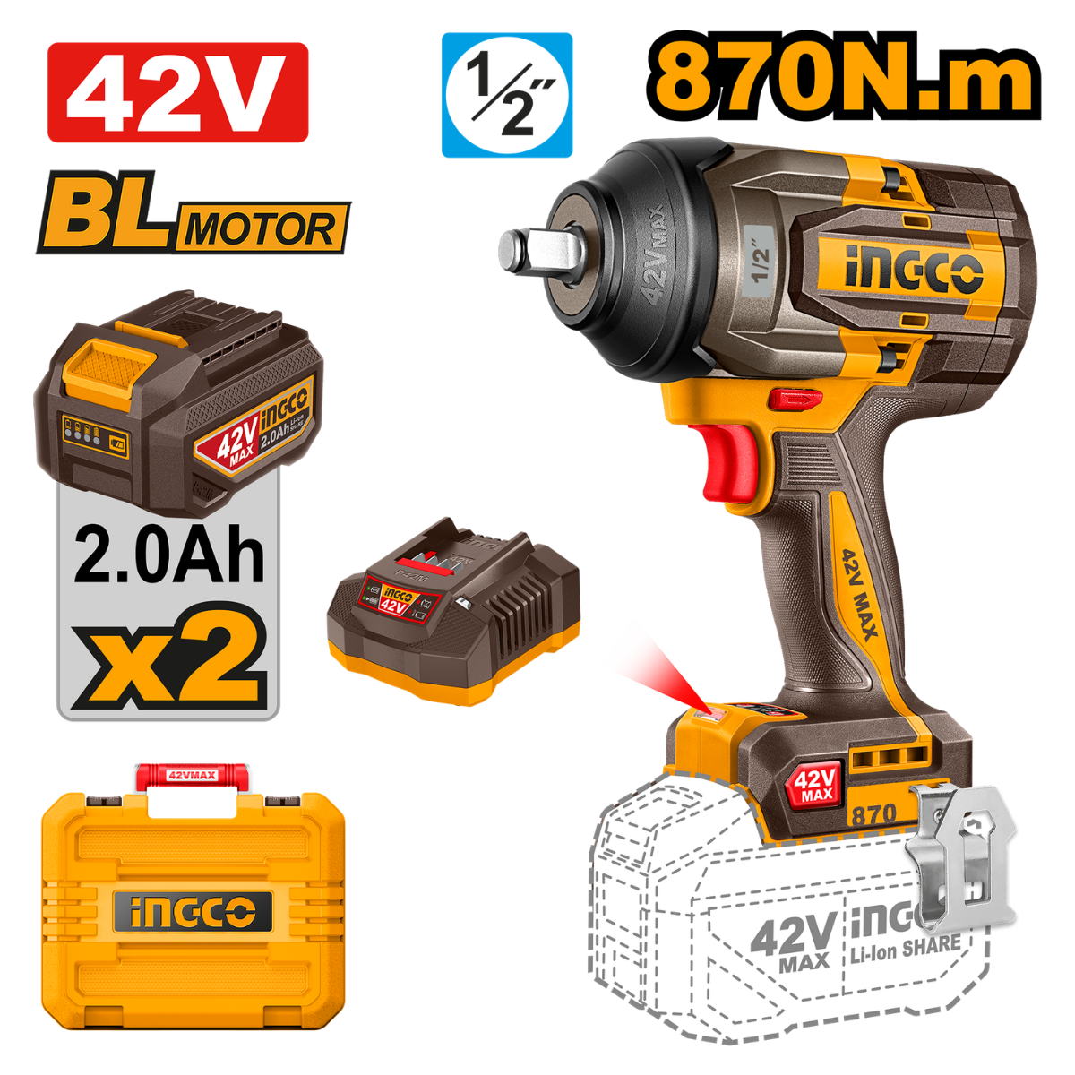 Ingco Cordless Impact Wrench 870Nm 42V Kit CIWLI42862