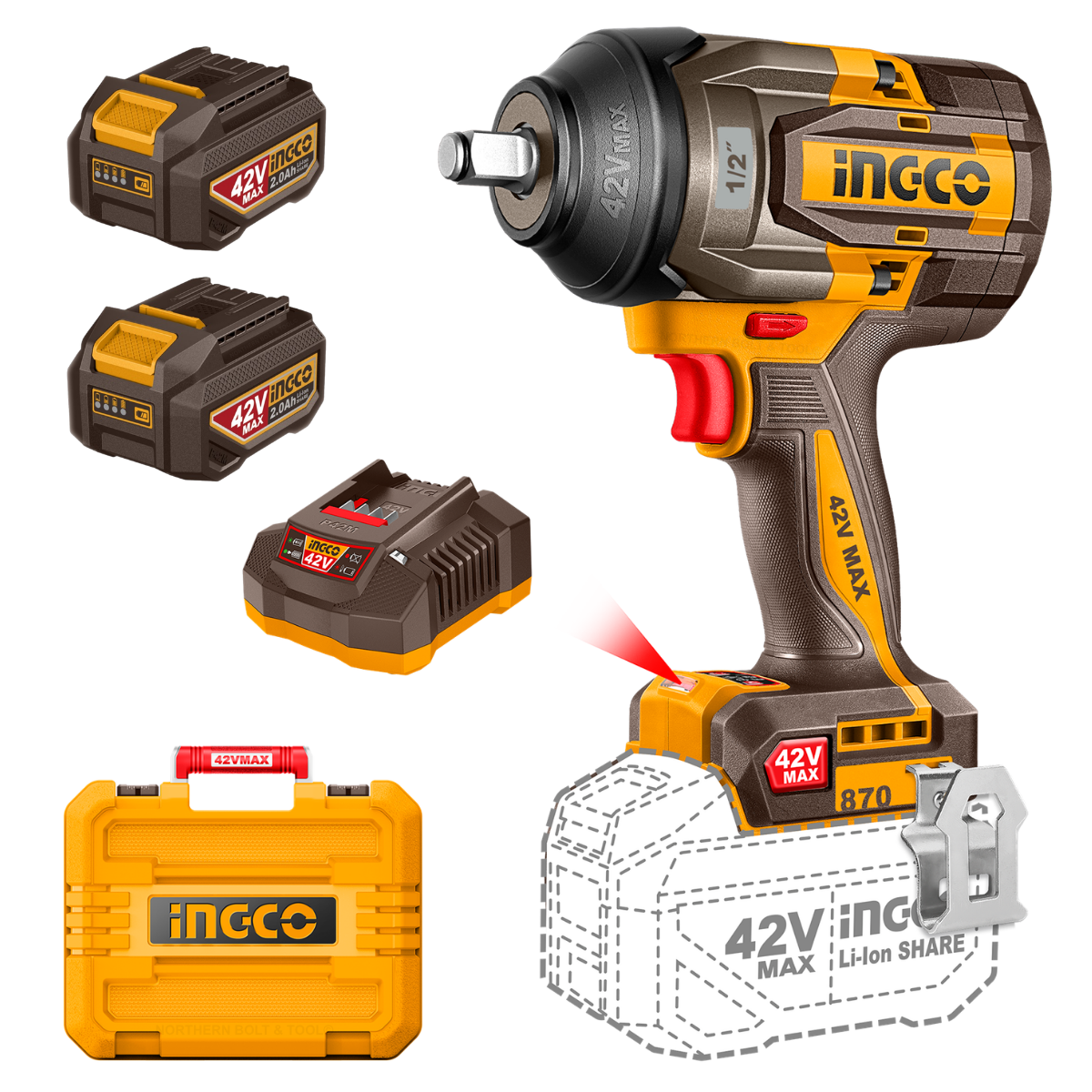 Ingco Cordless Impact Wrench 870Nm 42V Kit CIWLI42862