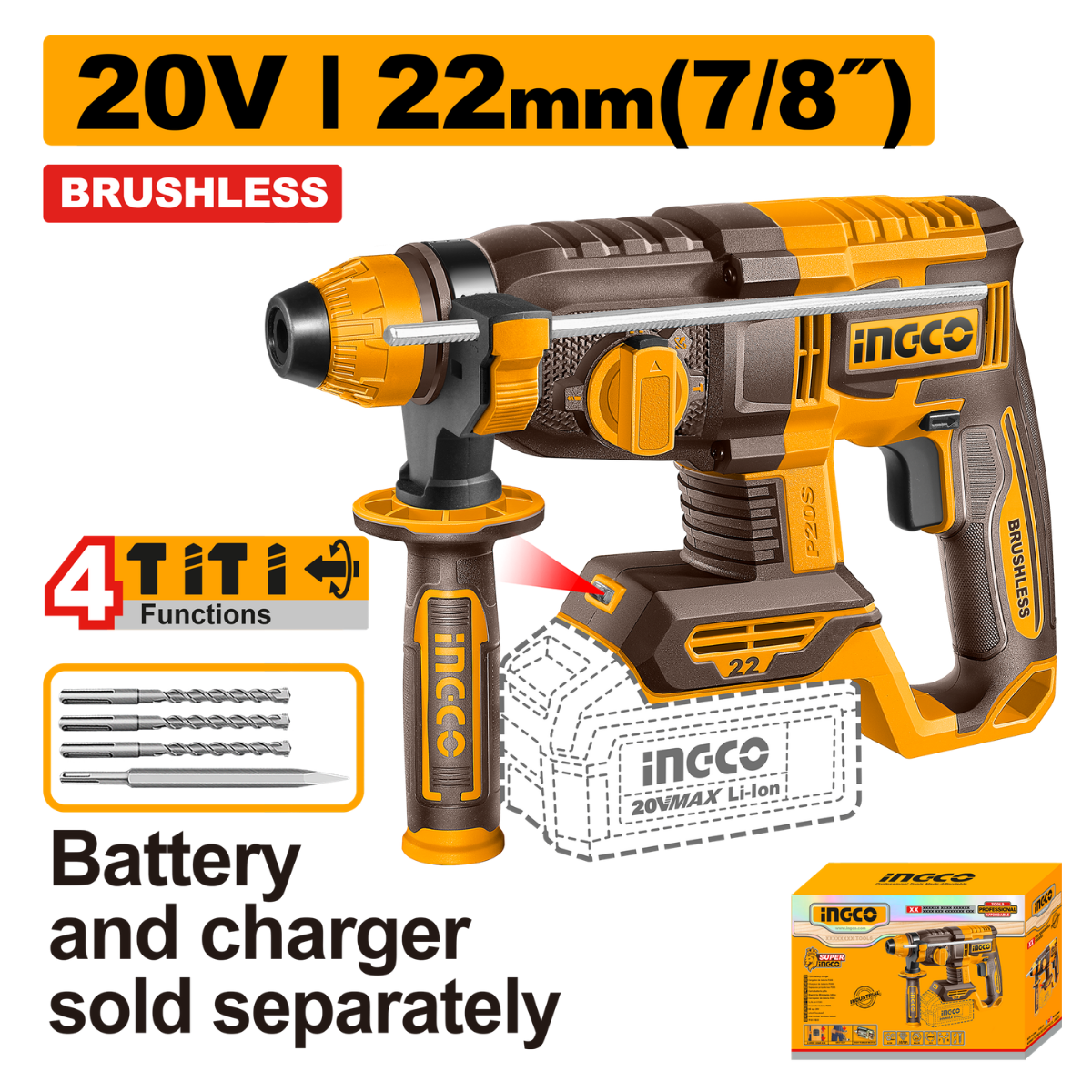 Ingco Cordless Rotary Hammer Drill 22mm 2.0J 20V (Tool only)
